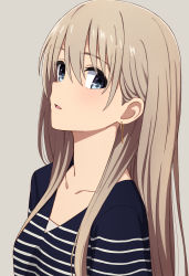 Rule 34 | 1girl, blue shirt, blue theme, collarbone, earrings, grey background, hair between eyes, highres, jewelry, light brown hair, long hair, open mouth, original, shirt, simple background, solo, striped clothes, striped shirt, upper body, very long hair, yahiro (epicopeiidae)