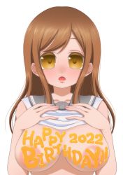 Rule 34 | 1girl, artist name, artist request, bare shoulders, blouse, blush, breasts, brown eyes, brown hair, close-up, clothes lift, collarbone, female focus, grey sailor collar, hair between eyes, highres, kunikida hanamaru, light brown hair, long hair, looking at viewer, love live!, love live! sunshine!!, medium breasts, nail, nail polish, parted lips, pink nails, pink nails, sailor collar, school uniform, shirt, shirt lift, sleeveless, sleeveless shirt, smile, solo, upper body, uranohoshi school uniform, white background, white shirt, yellow eyes