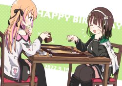 Rule 34 | 2girls, alternate costume, alternate hairstyle, backgammon, bare shoulders, black footwear, black ribbon, black shirt, black skirt, black thighhighs, blunt bangs, blush, bob cut, boots, breasts, brown hair, chair, closed eyes, closed mouth, commentary request, dated, dice, flower, gochuumon wa usagi desu ka?, green background, green hair, hair flower, hair ornament, hair ribbon, hairband, hand on own chin, happy birthday, holding, hoto cocoa, jacket, knee boots, long hair, long sleeves, looking at another, medium breasts, mohei, motion lines, multicolored hair, multiple girls, open mouth, orange hair, pink hair, pleated skirt, polka dot, polka dot background, purple eyes, ribbon, shirt, short hair, sidelocks, simple background, single stripe, sitting, skirt, smile, streaked hair, table, thighhighs, two-tone background, two-tone hair, ujimatsu chiya, white background, white flower, white hairband, white jacket, zettai ryouiki