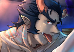 Rule 34 | 1boy, absurdres, bara, beard, blue hair, broken horn, close-up, collarbone, completely nude, dark blue hair, demon boy, demon horns, facial hair, fang, fiery horns, forked eyebrows, highres, horns, huge filesize, kageru (mofnyan), long sideburns, looking at viewer, male focus, mature male, muscular, muscular male, nude, pointy ears, red eyes, saliva, sexually suggestive, short hair, sideburns, smug, solo, stubble, takemaru (housamo), thick eyebrows, tokyo houkago summoners, tongue, tongue out