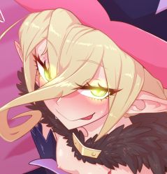 Rule 34 | 1girl, bad id, bad twitter id, blonde hair, blush, breasts, female focus, glowing, glowing eyes, green eyes, hair between eyes, hat, licking lips, long hair, looking at viewer, magilou (tales), naughty face, pointy ears, small breasts, solo, sweat, tales of (series), tales of berseria, tenk, tongue, tongue out
