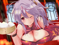 Rule 34 | 1girl, alternate costume, azur lane, bamboo steamer, baozi, breasts, china dress, chinese clothes, cleavage, cleavage cutout, clothing cutout, dress, food, grenville (azur lane), hair ornament, highres, large breasts, light purple hair, long hair, multicolored hair, one eye closed, one side up, purple hair, red eyes, smile, solo, steam, sweat, tonchinkan