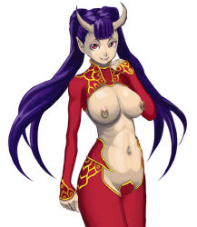 Rule 34 | blue hair, breasts, character request, cleavage, dress, gold trim, horns, long hair, navel, nipples, pointy ears, revealing clothes, simple background, smile, solo, third-party source, twintails, very long hair, white background
