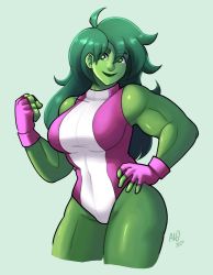 Rule 34 | 1girl, breasts, colored skin, fingerless gloves, gloves, green eyes, green hair, green skin, hand on own hip, large breasts, leotard, marvel, muscular, muscular female, phons0, purple gloves, she-hulk, smile, solo