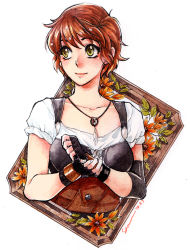 Rule 34 | 1girl, belt, black gloves, bodice, brown hair, collarbone, dated, feathers, fingerless gloves, flower, gloves, green eyes, jewelry, looking away, looking to the side, makeup, mascara, necklace, original, painting (medium), picture frame, sao (saowee), shirt, short hair, short sleeves, signature, sleeves rolled up, smile, solo, traditional media, upper body, watercolor (medium), white background, white shirt