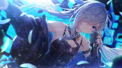 Rule 34 | 1girl, amane kanata, bare shoulders, black dress, black jacket, black nails, blue eyes, blue hair, chihiro ayaka, closed mouth, colored inner hair, dress, floating hair, frown, hair over one eye, highres, holding, holding microphone, hololive, jacket, jewelry, long hair, long sleeves, looking at viewer, microphone, multicolored hair, nail polish, open clothes, open jacket, pink hair, ring, solo, streaked hair, upper body, virtual youtuber, white hair