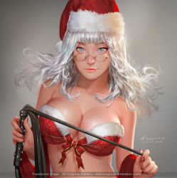 Rule 34 | 1girl, 2017, artist name, blue eyes, bra, breasts, closed mouth, copyright request, dated, fur trim, glasses, hat, highres, large breasts, long hair, looking at viewer, nail polish, red bra, red nails, red ribbon, ribbon, santa hat, solo, st. cygnus, underwear, watermark, white hair