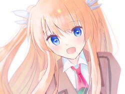 Rule 34 | 1girl, :d, blue eyes, blush, brown jacket, close-up, collared shirt, commentary request, eyelashes, eyes visible through hair, hair between eyes, happy, jacket, long hair, looking at viewer, necktie, ootori chihaya, open mouth, orange hair, red necktie, rewrite, sakaniwa t, school uniform, shirt, sidelocks, simple background, smile, solo, straight hair, two side up, white background, white shirt, wing hair ornament