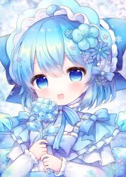 Rule 34 | 1girl, :d, blue bow, blue eyes, blue flower, blue hair, blue hairband, blue sky, blurry, blurry background, bow, cirno, coa (chroo x), commentary request, depth of field, flower, frilled bow, frills, hair between eyes, hair bow, hair flower, hair ornament, hairband, holding, holding flower, long sleeves, looking at viewer, open mouth, purple flower, skirt, sky, sleeves past wrists, smile, snowflakes, solo, striped bow, suspender skirt, suspenders, touhou, upper body