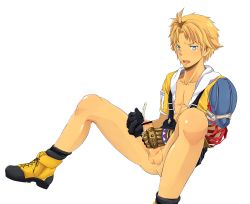 Rule 34 | 00s, 1boy, abs, blonde hair, blue eyes, blush, boots, bottomless, censored, cum, ejaculation, erection, final fantasy, final fantasy x, gloves, highres, male focus, masturbation, open mouth, orgasm, penis, short hair, simple background, sitting, solo, tagme, testicles, tidus, vanicoro1011, white background