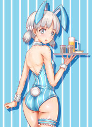 Rule 34 | 10s, 1girl, aki (girls und panzer), animal ears, ass, back, backless leotard, bare shoulders, beer mug, blue eyes, blush, breasts, cup, detached collar, fake animal ears, from behind, girls und panzer, grey hair, highres, holding, holding tray, leotard, looking at viewer, looking back, mug, open mouth, playboy bunny, rabbit ears, rabbit tail, sekai saisoku no panda, shiny skin, short hair, short twintails, small breasts, solo, tail, thigh strap, tray, twintails, wrist cuffs
