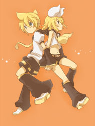 Rule 34 | 1boy, 1girl, back-to-back, bad id, bad pixiv id, bare shoulders, blonde hair, brother and sister, detached sleeves, green eyes, hair ornament, hair ribbon, hairclip, hetero, holding hands, kagamine len, kagamine rin, matsyumaro, navel, necktie, ponytail, ribbon, sailor collar, short hair, shorts, siblings, twins, vocaloid, yellow necktie