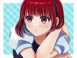 Rule 34 | 1girl, arima kana, black shirt, blue background, blush, bob cut, closed mouth, highres, inverted bob, looking to the side, oshi no ko, red eyes, red hair, shirt, short hair, simple background, solo, tonton (6kbgievnt89kt1f), unhappy, upper body