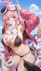 Rule 34 | 2girls, absurdres, bare shoulders, bikini, bird, black bikini, blue archive, blue sky, blush, breasts, cleavage, eimi (blue archive), eimi (swimsuit) (blue archive), goggles, goggles on head, halo, high ponytail, highres, himari (blue archive), jacket, large breasts, long hair, long sleeves, looking to the side, multiple girls, navel, netural, open clothes, open jacket, penguin, pink hair, pink jacket, purple eyes, scarf, sidelocks, sitting, ski goggles, sky, snow, solo focus, swimsuit, thighs, wariza, white scarf