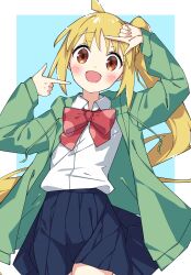 Rule 34 | 1girl, :d, absurdres, ahoge, arm up, blonde hair, blue background, blue skirt, bocchi the rock!, bow, braid, brown eyes, collared shirt, commentary request, drawstring, dress shirt, finger frame, green jacket, hand up, highres, hood, hood down, hooded jacket, ijichi nijika, jacket, long hair, long sleeves, open mouth, pleated skirt, red bow, shirt, side ponytail, skirt, sleeves past wrists, smile, solo, suta0822, two-tone background, very long hair, white background, white shirt