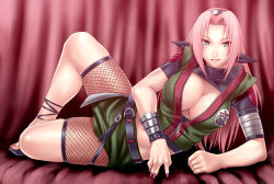 Rule 34 | 1girl, alternate breast size, alternate costume, ankle lace-up, belt, breasts, chiba toshirou, cleavage, cross-laced footwear, fishnets, green eyes, haruno sakura, high heels, lace-up heels, large breasts, midriff, nail polish, naruto, naruto (series), aged up, open shoes, pink hair, pink nails, shoes, solo, uniform, zipper