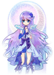 Rule 34 | 10s, 1girl, asymmetrical clothes, black neckwear, blue eyes, blue flower, blue rose, boots, bow, character name, choker, cure moonlight, dress, elbow gloves, flower, gloves, heartcatch precure!, highres, knee boots, long hair, magical girl, own hands clasped, own hands together, precure, purple hair, ribbon, rose, sidelocks, single elbow glove, single glove, smile, solo, tsukikage yuri, u to i, waist bow, wrist cuffs