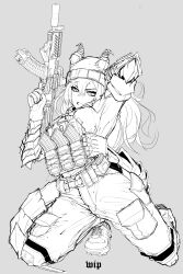 Rule 34 | 1girl, absurdres, ammunition pouch, arm up, assault rifle, beanie, belt, body armor, breast press, breasts, bulletproof vest, dragon girl, dragon horns, dragon tail, eotech, eyelashes, fakuxnxmy, flower, foregrip, gloves, grey background, gun, hair flower, hair ornament, hat, highres, holding, holding gun, holding weapon, horns, kalashnikov rifle, knee pads, large breasts, long sleeves, looking at viewer, magazine (weapon), military, open mouth, original, pants, pouch, rifle, shoes, sneakers, solo, tail, weapon, weapon request