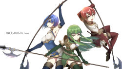 Rule 34 | 3girls, armor, armpits, belt, blue eyes, blue hair, blue thighhighs, boots, breastplate, breasts, catria (fire emblem), copyright name, cowboy shot, dress, est (fire emblem), fire emblem, fire emblem: mystery of the emblem, fire emblem: shadow dragon, fire emblem echoes: shadows of valentia, green eyes, green hair, green legwear, haku (grimjin), headband, highres, long hair, looking at viewer, medium breasts, multiple girls, nintendo, open mouth, palla (fire emblem), polearm, red eyes, red hair, red legwear, short dress, short hair, siblings, simple background, sisters, smile, thigh boots, thighhighs, weapon, white background, zettai ryouiki