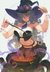 Rule 34 | 1girl, absurdres, arms up, black hat, black skirt, blue necktie, breasts, cauldron, commentary, crop top, curly hair, detached collar, english commentary, flower, grey eyes, grey hair, hair between eyes, hat, hat flower, highres, large breasts, long hair, looking down, magic, midriff, morry, nail polish, navel, necktie, original, parted lips, pleated skirt, purple nails, short necktie, skirt, solo, stomach, very long hair, wand, white background, witch, witch hat, wrist cuffs