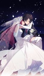 Rule 34 | 1boy, 1girl, absurdres, amamiya ren, bare shoulders, black hair, black suit, blush, bridal veil, bride, carrying, carrying person, closed eyes, closed mouth, commentary, couple, detached sleeves, dress, elbow gloves, floating hair, flower, formal, gloves, groom, hair between eyes, hair flower, hair ornament, hetero, highres, long hair, messy hair, necktie, night, night sky, persona, persona 5, persona 5 the royal, petals, princess carry, profile, red hair, red necktie, shirt, short hair, sky, smile, star (sky), suit, thighhighs, tsubsa syaoin, veil, wedding dress, white dress, white flower, white gloves, white shirt, white thighhighs, yoshizawa kasumi