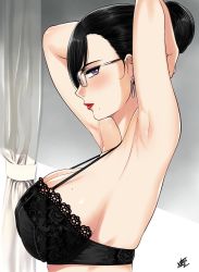 Rule 34 | 1girl, armpit stubble, armpits, arms behind back, arms up, artist name, black bra, black hair, blush, bra, breasts, cleavage, curtains, earrings, eyelashes, from side, glasses, hair bun, hair over one eye, half-closed eyes, highres, huge breasts, indoors, jewelry, lace, lace bra, large breasts, lingerie, lipstick, looking at viewer, makeup, mascara, mole, mole on breast, mole under mouth, nose, original, purple eyes, red lips, sideboob, single hair bun, skindentation, solo, underwear, upper body, xter