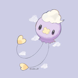 Rule 34 | artist name, balloon, black eyes, cloud, colored skin, commentary request, creatures (company), drifloon, game freak, gen 4 pokemon, highres, iwasi 29, nintendo, pokemon, pokemon (creature), purple background, purple skin, simple background, twitter username, white hair