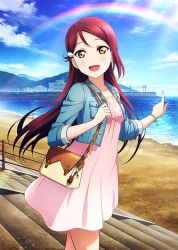 Rule 34 | 10s, 1girl, bag, beach, blue sky, blush, bracelet, collarbone, day, denim, denim jacket, dress, hair ornament, hairclip, jacket, jewelry, charm (object), long hair, looking at viewer, love live!, love live! school idol festival, love live! sunshine!!, ocean, official art, open mouth, outdoors, pink dress, pointing, rainbow, red hair, sakurauchi riko, sky, smile, solo, stairs, yellow eyes