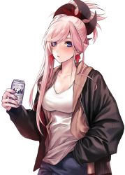 Rule 34 | 1girl, applekun, beer can, black coat, blouse, blue eyes, blue pants, blush, breasts, can, casual, closed mouth, coat, collarbone, contemporary, drink can, earrings, fate/grand order, fate (series), hand in pocket, highres, holding, holding can, jewelry, long hair, long sleeves, medium breasts, miyamoto musashi (fate), open clothes, open coat, pants, pink hair, shirt, simple background, solo, standing, swept bangs, white background, white shirt