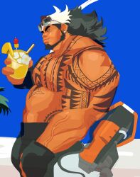 Rule 34 | 1boy, abs, bamashengze, bara, beach, beard, belly, black hair, chest tattoo, cocktail glass, cowboy shot, cup, dark-skinned male, dark skin, drinking glass, eyewear on head, from side, full beard, highres, huge pectorals, looking at viewer, male focus, mature male, mauga (overwatch), muscular, muscular male, nipples, overwatch, overwatch 2, sideways glance, solo, standing, strongman waist, tattoo, thick eyebrows, topless male, veins, veiny arms