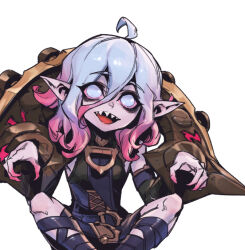 Rule 34 | 1girl, ahoge, briar (league of legends), colored sclera, detached sleeves, english text, grey hair, hair between eyes, knees, league of legends, long hair, multicolored hair, no pupils, open mouth, phantom ix row, pink hair, pointy ears, red sclera, sharp teeth, sidelocks, simple background, sitting, solo, spread legs, teeth, two-tone hair, upper teeth only, vampire, white background, white eyes, wrist cuffs