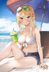 Rule 34 | 1girl, :q, bare arms, bare shoulders, beach umbrella, bikini, bikini under clothes, blonde hair, blue shorts, blue sky, blush, braid, breasts, cleavage, closed mouth, commentary request, copyright request, cup, day, denim, denim shorts, disposable cup, eyewear on head, feet out of frame, green-tinted eyewear, hair between eyes, holding, holding cup, knee up, kusumoto touka, large breasts, long hair, looking at viewer, navel, ocean, open fly, outdoors, pointy ears, purple eyes, short shorts, shorts, side braid, sitting, sky, smile, solo, sparkle, sunglasses, swimsuit, tinted eyewear, tongue, tongue out, umbrella, v-shaped eyebrows, white bikini