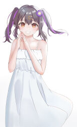 Rule 34 | 1girl, absurdres, bare arms, bare shoulders, black hair, brown eyes, collarbone, commentary, dress, flower, hair between eyes, hair flower, hair ornament, hairclip, highres, looking at viewer, multicolored hair, omochi tabeyo97, onii-chan wa oshimai!, oyama mihari, parted lips, purple hair, simple background, sleeveless, sleeveless dress, smile, solo, steepled fingers, twintails, two-tone hair, white background, white dress