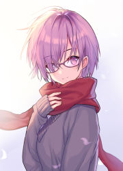 Rule 34 | 1girl, alternate costume, black sweater, blush, casual, closed mouth, fate/grand order, fate (series), from side, glasses, gradient background, grey background, hair over one eye, hand on own chest, kura (kuraaaaaa), long sleeves, looking to the side, mash kyrielight, pink hair, purple-framed eyewear, purple eyes, red scarf, scarf, short hair, sleeves past wrists, smile, solo, sweater, tareme, upper body