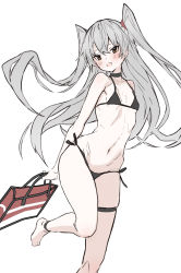 Rule 34 | 1girl, :o, amatsukaze (kancolle), bag, barefoot, bikini, black bikini, black choker, blush, breasts, brown eyes, choker, commentary request, fang, grey hair, hair between eyes, hair tubes, highres, holding, holding bag, kantai collection, long hair, looking at viewer, parted lips, side-tie bikini bottom, simple background, sketch, skin fang, small breasts, solo, swimsuit, takanashi kei (hitsujikan), thigh strap, two side up, very long hair, white background