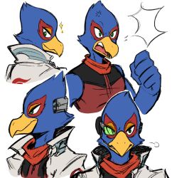 Rule 34 | 1boy, anger vein, beak, bird boy, clenched hand, closed mouth, commentary, english commentary, falco lombardi, furry, furry male, green eyes, highres, male focus, multiple views, nintendo, open mouth, shanzehpoo, simple background, smile, solo, star fox, upper body, white background