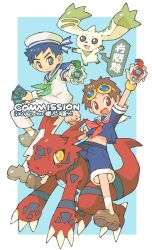 Rule 34 | 2boys, absurdres, animal ears, arm up, blue background, blue sailor collar, blue shirt, blue shorts, card, colored skin, commission, d-ark, digimon, digimon tamers, dinosaur, green ribbon, guilmon, highres, holding, holding card, iikoao, lee jianliang, lop rabbit ears, matsuda takato, multiple boys, pants, rabbit ears, red ribbon, red skin, ribbon, riding, sailor collar, shirt, shorts, terriermon, trading card, translation request, white pants, white sailor collar, white shirt, yellow eyes