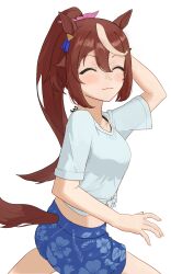 Rule 34 | 1girl, :3, animal ears, arm behind head, arm up, asobi nin, blue shorts, breasts, brown hair, closed eyes, closed mouth, clothing cutout, commentary request, cowboy shot, facing viewer, floral print, gaze on me! outfit (umamusume), hair between eyes, highres, horse ears, horse girl, horse tail, long hair, medium breasts, partial commentary, ponytail, shirt, short sleeves, shorts, simple background, smile, solo, tail, tail through clothes, tied shirt, tokai teio (umamusume), umamusume, white background