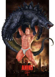 Rule 34 | 1boy, abs, arms up, billy herrington, briefs, building, carrying overhead, city, claws, crossover, epic, fangs, fighting, gachimuchi pants wrestling, giant, giant male, godzilla, godzilla (2014), godzilla (series), highres, kaijuu, legendary pictures, logo, male focus, male underwear, meme, monster, monsterverse, movie poster, muscular, navel, nipples, open mouth, parody, real life, scales, sharp teeth, short hair, skyscraper, smoke, spikes, standing, tail, teeth, text focus, toho, tongue, topless male, underwear, underwear only, what, wrestling, wrestling (series), zeze