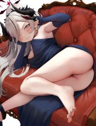 Rule 34 | 1girl, absurdres, angry, armpits, ass, barefoot, black dress, black horns, blue archive, blush, closed mouth, demon horns, dress, earrings, esearu, feet, foot focus, grey eyes, grey hair, highres, horns, jewelry, looking at viewer, lying, makoto (blue archive), makoto (dress) (blue archive), multiple horns, nail polish, official alternate costume, on side, open mouth, pointy ears, solo, spread toes, toenail polish, toenails, toes