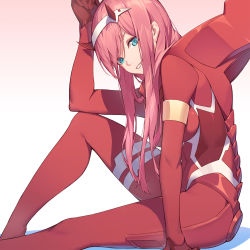 Rule 34 | 10s, 1girl, aqua eyes, arm up, bodysuit, breasts, commentary, covered navel, darling in the franxx, from side, gradient background, grin, hairband, highres, horns, knee up, long hair, looking at viewer, medium breasts, nian (zhanian), parted lips, pilot suit, pink background, pink hair, profile, red bodysuit, red theme, sitting, smile, solo, teeth, white background, white hairband, zero two (darling in the franxx)