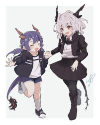 Rule 34 | 2girls, arknights, ascot, black footwear, black jacket, black pantyhose, black skirt, blush, boots, border, brooch, ch&#039;en (arknights), closed eyes, collared shirt, commentary, dragon girl, dragon horns, dragon tail, grey background, hand up, happy, holding hands, horns, jacket, jersey, jewelry, knee boots, kneehighs, long hair, multiple girls, open mouth, orange eyes, pantyhose, pleated skirt, purple hair, shirt, shoes, shorts, siblings, signature, simple background, sisters, skirt, sneakers, socks, spoilers, tail, talulah (arknights), tsuyuki yuki, white hair, white shirt, white socks