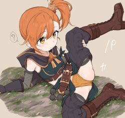 Rule 34 | 1girl, ?, belt, boots, brown background, brown belt, brown footwear, commentary request, cross-laced footwear, grass, hair between eyes, healthyman, highres, leg up, lying, misogi (princess connect!), orange hair, princess connect!, short hair, side ponytail, simple background, solo, spoken question mark, yellow eyes