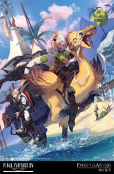 Rule 34 | 2boys, absurdres, arm up, artist name, barding, beach, belt, bird, blonde hair, blue eyes, blue sky, boots, bracelet, brown footwear, building, cabbage, chocobo, claws, cloud, commentary request, company name, copyright name, copyright notice, day, final fantasy, final fantasy xiv, food, highres, holding, holding food, holding vegetable, jewelry, knee boots, lalafell, male focus, miqo&#039;te, multiple boys, murayama ryota, o-ring, open mouth, outdoors, palm tree, pointy ears, reins, riding, riding bird, saddle, short hair, sky, splashing, tree, vegetable, wading, warrior of light (ff14), water, white hair