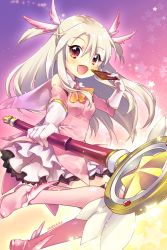 Rule 34 | 1girl, :d, blush, boots, breasts, brown eyes, card, commentary request, dated, ech, elbow gloves, fate/kaleid liner prisma illya, fate (series), feather hair ornament, feathers, gloves, hair between eyes, hair ornament, holding, holding card, holding wand, illyasviel von einzbern, kaleidostick, knee boots, layered skirt, light brown hair, long hair, looking at viewer, open mouth, outstretched arm, pink feather, pink feathers, pink footwear, pink shirt, prisma illya, shirt, skirt, small breasts, smile, solo, star (symbol), two side up, very long hair, wand, white gloves, white skirt
