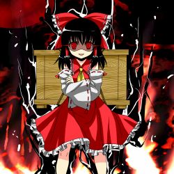 Rule 34 | 1girl, ascot, backpack, bag, black hair, bow, box, crazy eyes, crazy smile, crossed arms, detached sleeves, donation box, dress, female focus, fire, glowing, glowing eyes, hair bow, hair tubes, hakurei reimu, japanese clothes, miko, onimiko, randoseru, red dress, red eyes, ringed eyes, shaded face, smile, solo, sparks, touhou, umyonge (lkakeu)