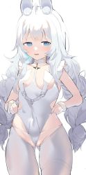 Rule 34 | 1girl, ahoge, animal ears, azur lane, blue eyes, blush, braid, breasts, covered navel, cowboy shot, fake animal ears, highres, le malin (azur lane), le malin (listless lapin) (azur lane), leotard, long hair, mole, mole on breast, official alternate costume, open mouth, partially visible vulva, playboy bunny, rabbit ears, shiben (ugvu5784), simple background, small breasts, solo, twin braids, twintails, very long hair, white background, white hair, white legwear, white leotard, wrist cuffs