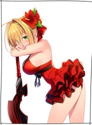 Rule 34 | 1girl, aestus estus, ahoge, blonde hair, braid, breasts, dress, fate/extra, fate (series), flower, french braid, green eyes, hair between eyes, hair bun, hair flower, hair intakes, hair ornament, hair ribbon, highres, kei (soundcross), large breasts, long hair, nero claudius (fate), nero claudius (fate) (all), nero claudius (fate/extra), official alternate costume, red dress, red ribbon, ribbon, short dress, simple background, single hair bun, smile, solo, sword, thighs, weapon, white background