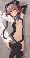 Rule 34 | 1girl, ahoge, animal ears, armpits, arms up, bed sheet, bell, black gloves, black hairband, black leotard, black thighhighs, blush, breasts, brown hair, cat ears, cat tail, center opening, closed mouth, commentary request, cosplay, elbow gloves, embarrassed, fake animal ears, fake tail, fate/kaleid liner prisma illya, fate (series), fur collar, gloves, hair bell, hair ornament, hairband, illyasviel von einzbern, illyasviel von einzbern (cosplay), jingle bell, knee up, kopaka (karda nui), leotard, looking at viewer, lying, official alternate costume, on back, on bed, purple eyes, red ribbon, revealing clothes, ribbon, shichinosato kofuki, short hair, skull hair ornament, small breasts, solo, sweat, tail, tears, thighhighs, toji no miko, two side up, v-shaped eyebrows