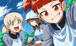 Rule 34 | 10s, 3girls, aki (girls und panzer), blonde hair, blue eyes, brown eyes, brown hair, close-up, cloud, cloudy sky, day, dutch angle, female focus, girls und panzer, grin, hair ribbon, hat, instrument, jacket, jersey, kantele, looking at viewer, mika (girls und panzer), mikko (girls und panzer), multiple girls, nature, one eye closed, outdoors, ribbon, selfie, short twintails, sitting, sky, smile, track jacket, twintails, uniform, violin, zimu